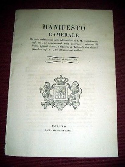 Regno Sardegna Torino Manifesto Camerale Patente d'immunità 1823 | Immagine principale