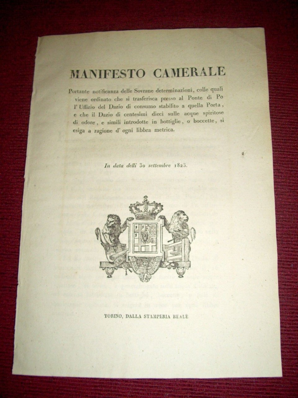 Regno Sardegna Torino Manifesto Camerale Ufficio Dazio Acque Ponte del …