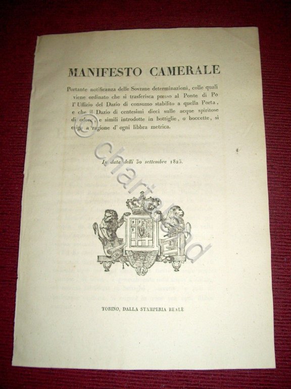 Regno Sardegna Torino Manifesto Camerale Ufficio Dazio Acque Ponte del …