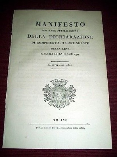 Regno Sardegna Torino Manifesto Compimento Contingente Leva Classe 1799 / …