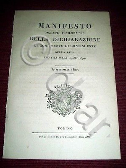 Regno Sardegna Torino Manifesto Compimento Contingente Leva Classe 1799 / …