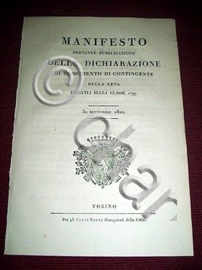 Regno Sardegna Torino Manifesto Compimento Contingente Leva Classe 1799 / …