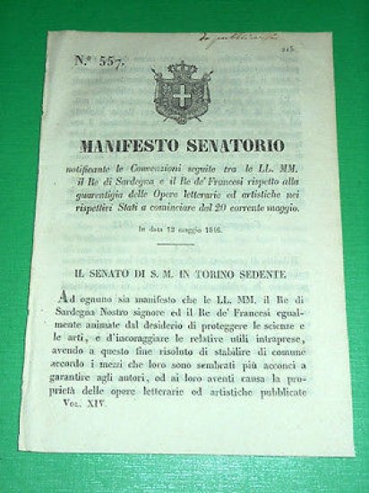 Regno Sardegna Torino Manifesto Convenzioni Sardegna Francia Opere Letterarie