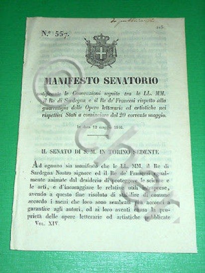 Regno Sardegna Torino Manifesto Convenzioni Sardegna Francia Opere Letterarie