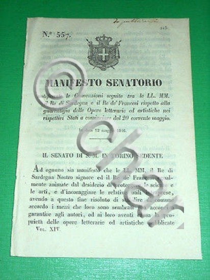 Regno Sardegna Torino Manifesto Convenzioni Sardegna Francia Opere Letterarie