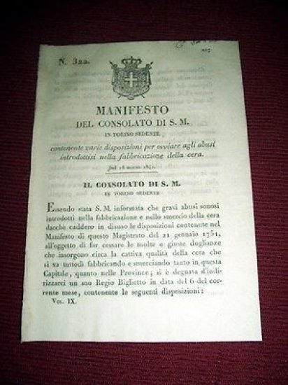 Regno Sardegna Torino Manifesto del Consolato Abusi Fabbricazione Cera 1841