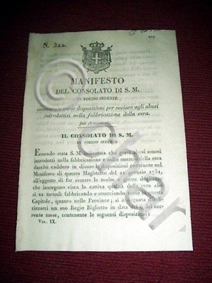Regno Sardegna Torino Manifesto del Consolato Abusi Fabbricazione Cera 1841