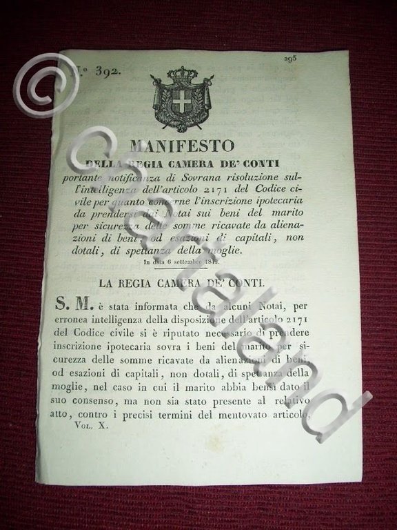 Regno Sardegna Torino Manifesto Iscrizioni Ipotecarie dei Mariti 1842