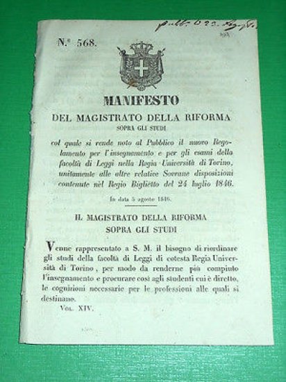 Regno Sardegna Torino Manifesto Regolamento Regia Università di Torino 1846 | Immagine principale