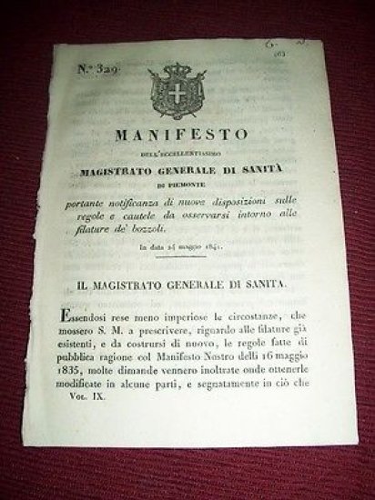 Regno Sardegna Torino Manifesto Sanità Regole Filatura de' Bozzoli 1841 | Immagine principale