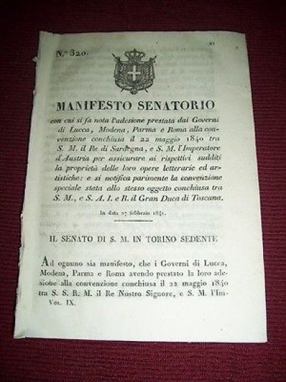 Regno Sardegna Torino Manifesto Senatorio Convenzione Arte Lucca Modena Parma
