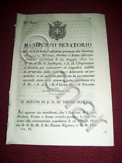 Regno Sardegna Torino Manifesto Senatorio Convenzione Arte Lucca Modena Parma