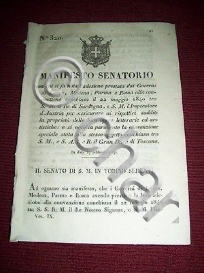Regno Sardegna Torino Manifesto Senatorio Convenzione Arte Lucca Modena Parma