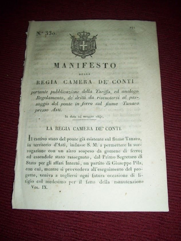 Regno Sardegna Torino Manifesto Tariffa Passaggio Ponte in Ferro sul …
