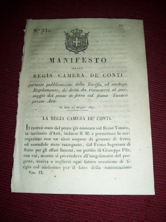 Regno Sardegna Torino Manifesto Tariffa Passaggio Ponte in Ferro sul Tanaro Asti