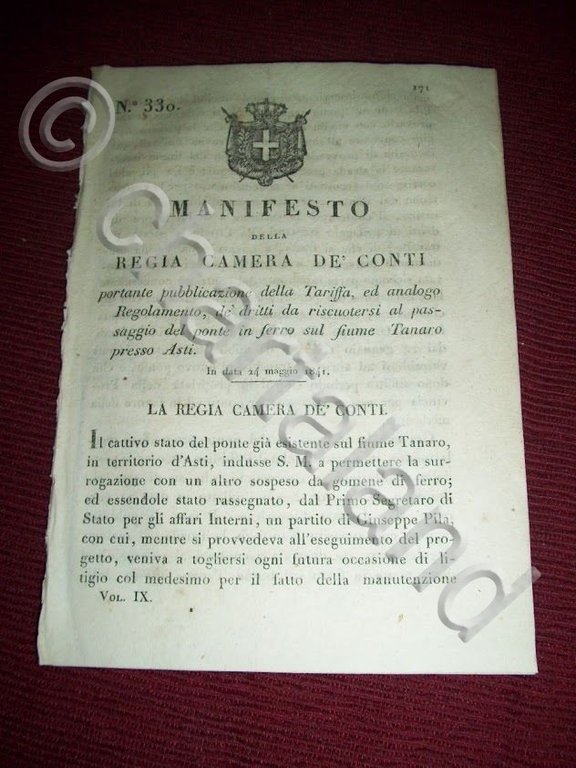 Regno Sardegna Torino Manifesto Tariffa Passaggio Ponte in Ferro sul …