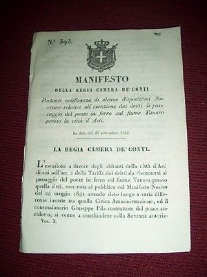 Regno Sardegna Torino Manifesto Tariffe di Pasaggio sul Tanaro presso Asti 1842