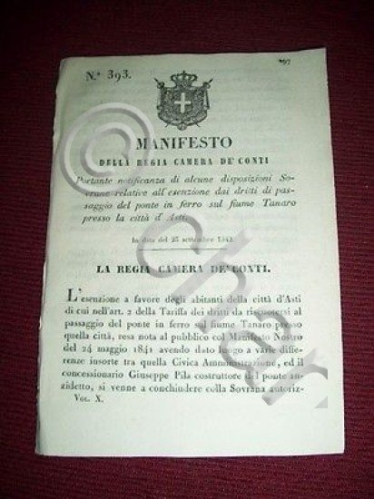 Regno Sardegna Torino Manifesto Tariffe di Pasaggio sul Tanaro presso …