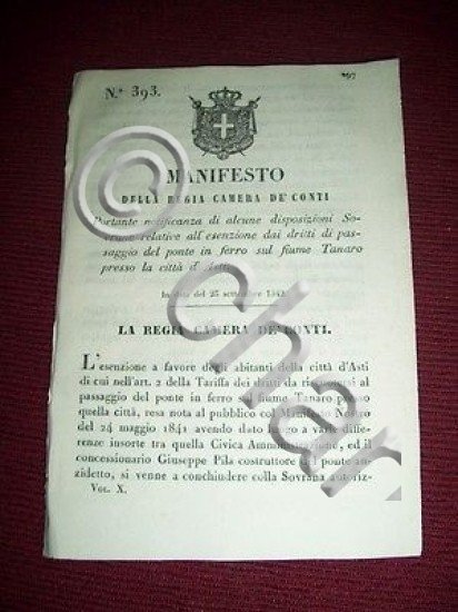 Regno Sardegna Torino Manifesto Tariffe di Pasaggio sul Tanaro presso …