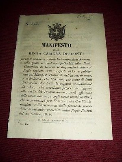 Regno Sardegna Torino Manifesto Università Genova Tasse Annuali Protomedicato | Immagine principale