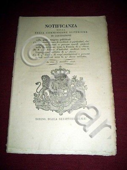 Regno Sardegna Torino Notifica Elenco Creditori Liquidazione Francia 1828