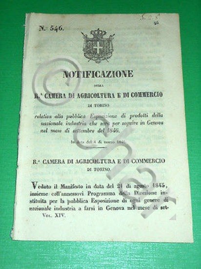 Regno Sardegna Torino Notificazione Esposizione Prodotti Industria Genova 1846