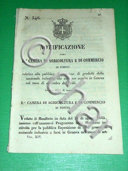 Regno Sardegna Torino Notificazione Esposizione Prodotti Industria Genova 1846