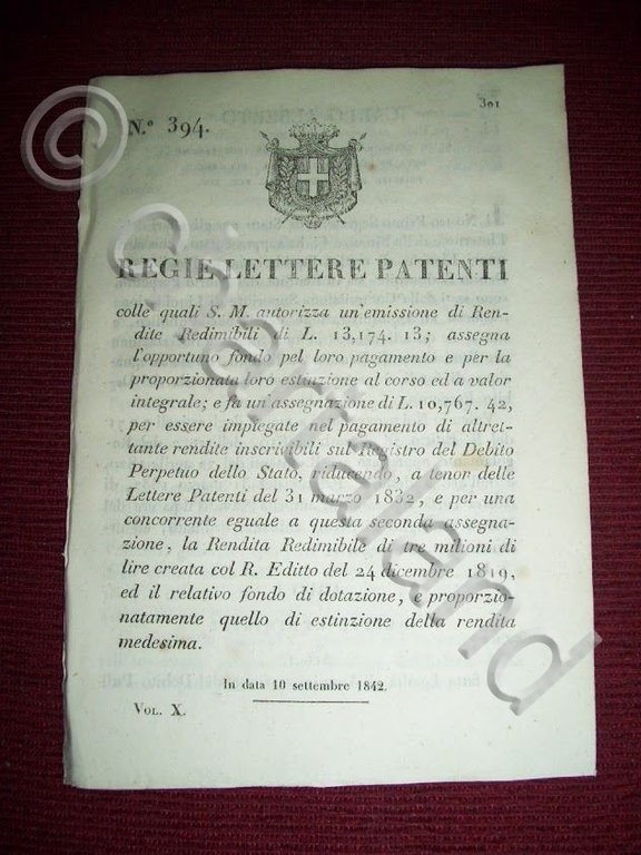 Regno Sardegna Torino Regie Lettere Patenti Emissione Rendite Redimibili 1842