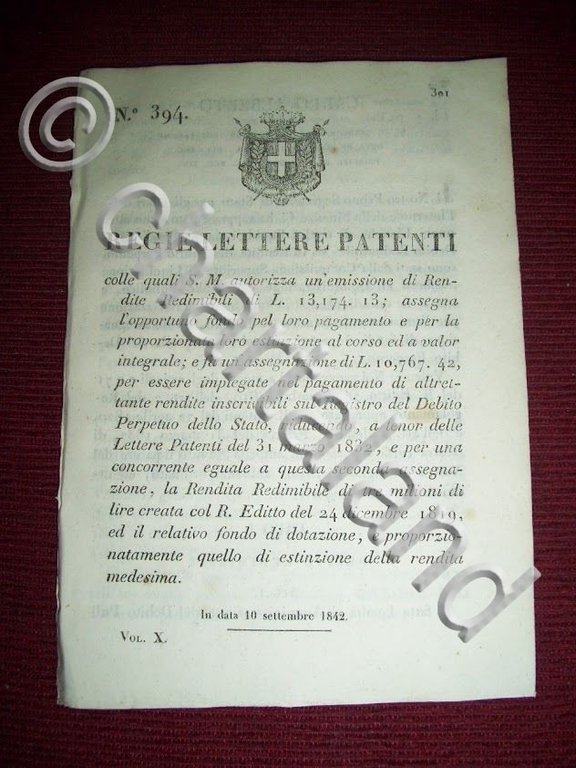 Regno Sardegna Torino Regie Lettere Patenti Emissione Rendite Redimibili 1842