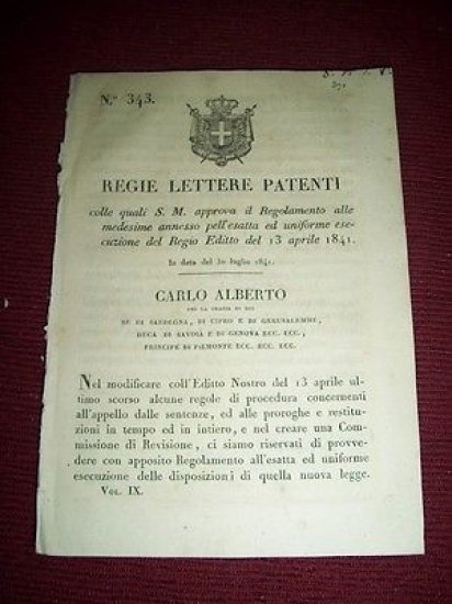 Regno Sardegna Torino Regie Lettere Patenti Regolamento Esecuzione Regio Editto