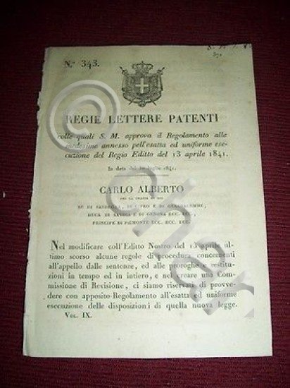 Regno Sardegna Torino Regie Lettere Patenti Regolamento Esecuzione Regio Editto