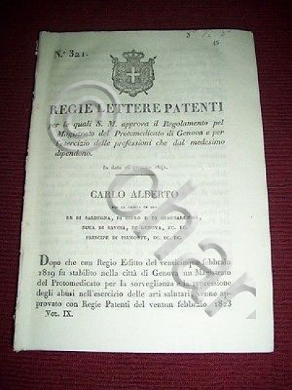 Regno Sardegna Torino Regie Lettere Patenti Regolamento Protomedicato Genova 841