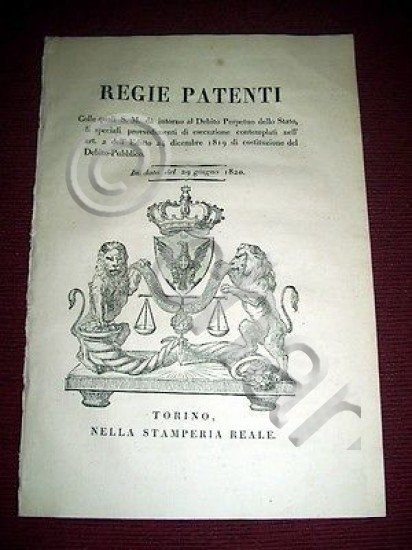 Regno Sardegna Torino Regie Patenti Debito Perpetuo dello Stato 1820