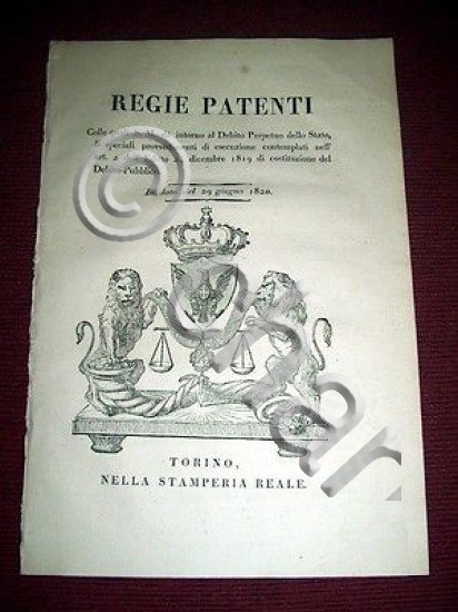 Regno Sardegna Torino Regie Patenti Debito Perpetuo dello Stato 1820