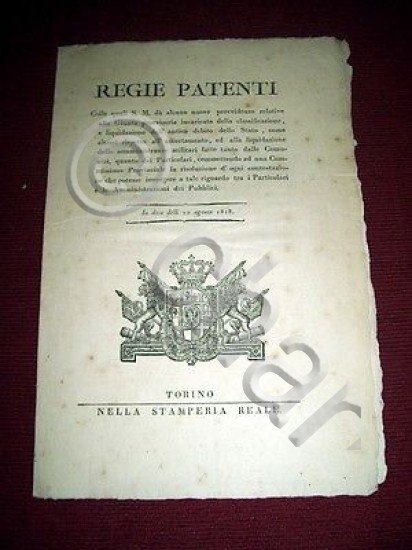 Regno Sardegna Torino Regie Patenti Giunta Liquidazione Debito dello Stato …
