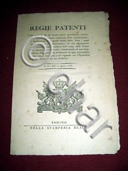 Regno Sardegna Torino Regie Patenti Giunta Liquidazione Debito dello Stato …