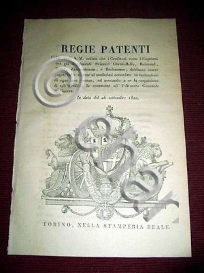 Regno Sardegna Torino Regie Patenti Pagamenti Creditori Capitani Svizzeri 1820