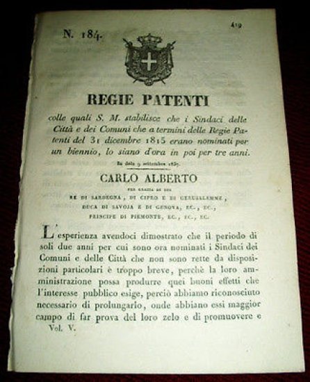 Regno Sardegna Torino Regie Patenti Regolamento per Sindaci di Città … | Immagine principale