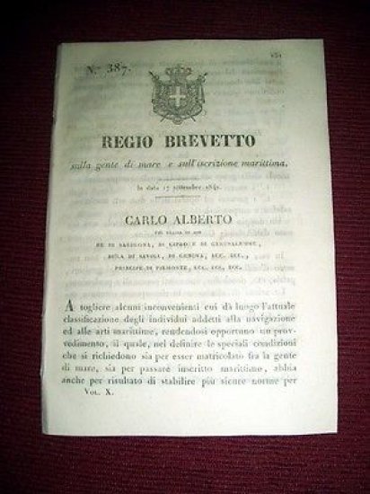 Regno Sardegna Torino Regio Brevetto Marinai e Iscrizione Marittima 1842
