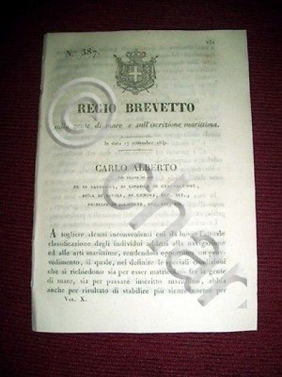 Regno Sardegna Torino Regio Brevetto Marinai e Iscrizione Marittima 1842