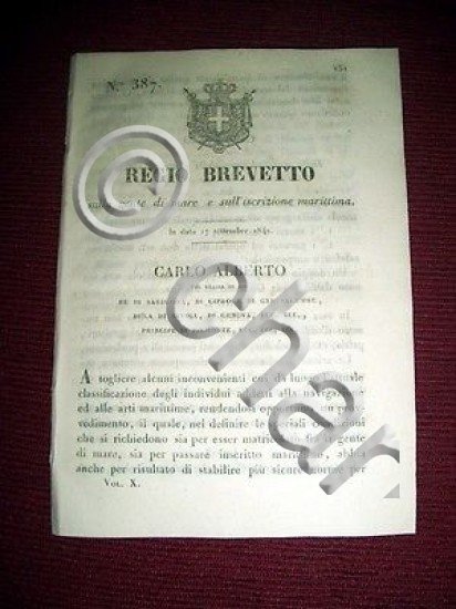 Regno Sardegna Torino Regio Brevetto Marinai e Iscrizione Marittima 1842