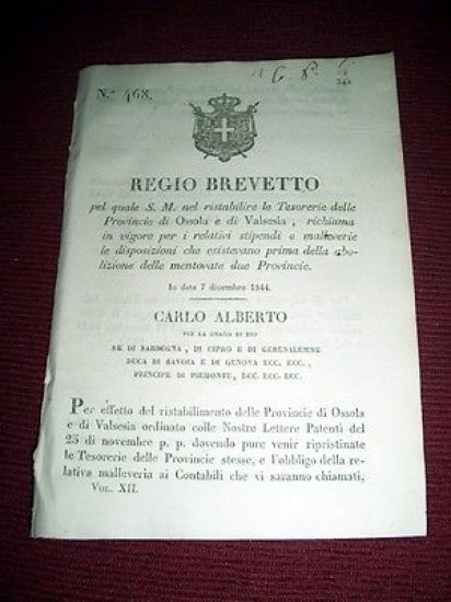 Regno Sardegna Torino Regio Brevetto Stipendi Tesorerie Prov. Ossola e … | Immagine Gallery 1