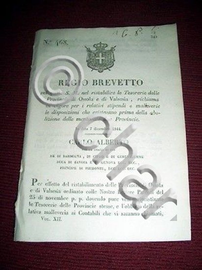 Regno Sardegna Torino Regio Brevetto Stipendi Tesorerie Prov. Ossola e …