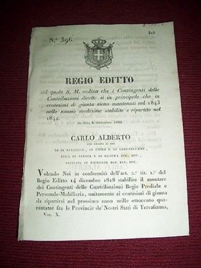 Regno Sardegna Torino Regio Editto Contingenti Contribuzioni Dirette dic. 1842