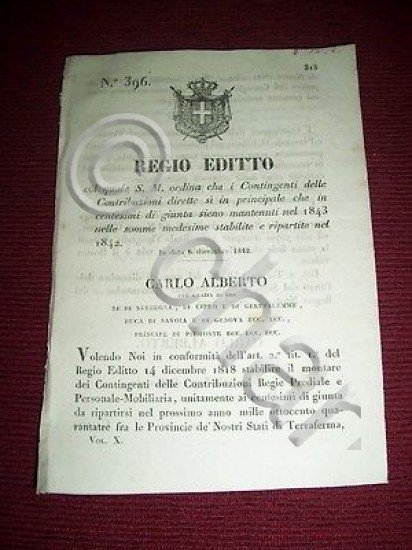 Regno Sardegna Torino Regio Editto Contingenti Contribuzioni Dirette dic. 1842
