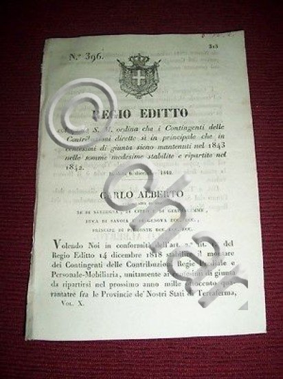 Regno Sardegna Torino Regio Editto Contingenti Contribuzioni Dirette dic. 1842