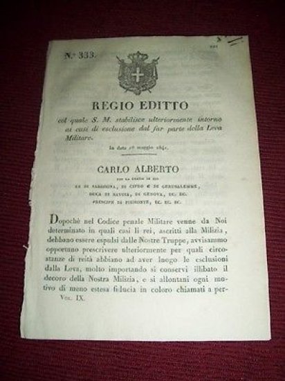 Regno Sardegna Torino Regio Editto Esclusione della Leva Militare 1841