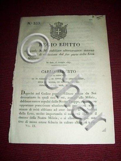 Regno Sardegna Torino Regio Editto Esclusione della Leva Militare 1841