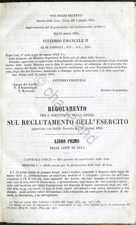 Regolamento per l'esecuzione della legge sul reclutamento dell'esercito - 1855