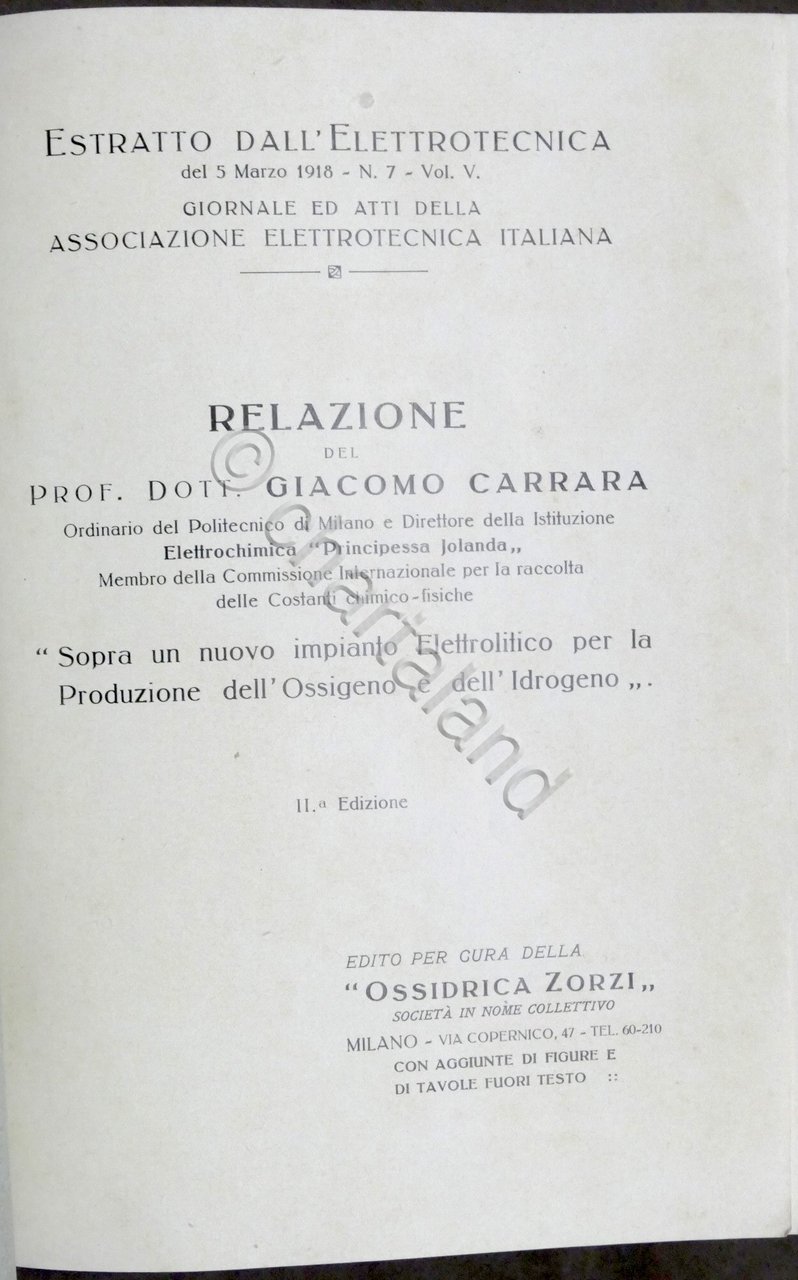 Relazione del prof. Giacomo Carrara sopra nuovo impianto Elettrolitico - …